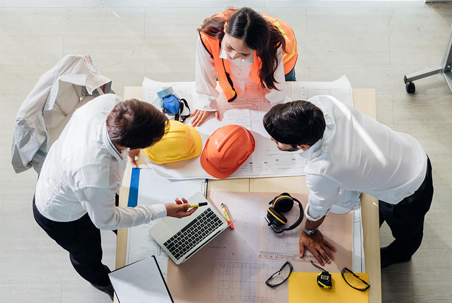 A group of students collaborate on an engineering project.