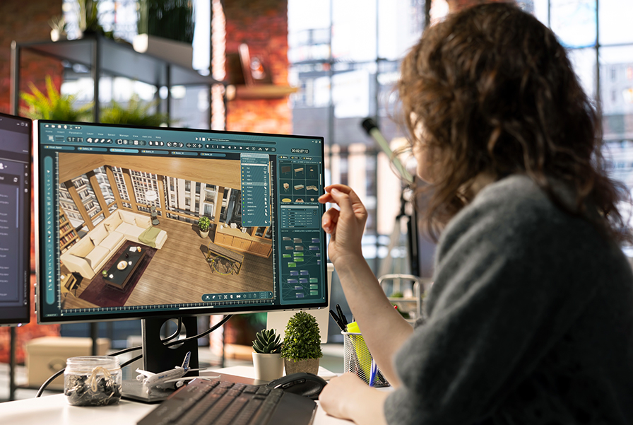 An interior designer creating a detailed interior visualization using 3D modeling software on a monitor.