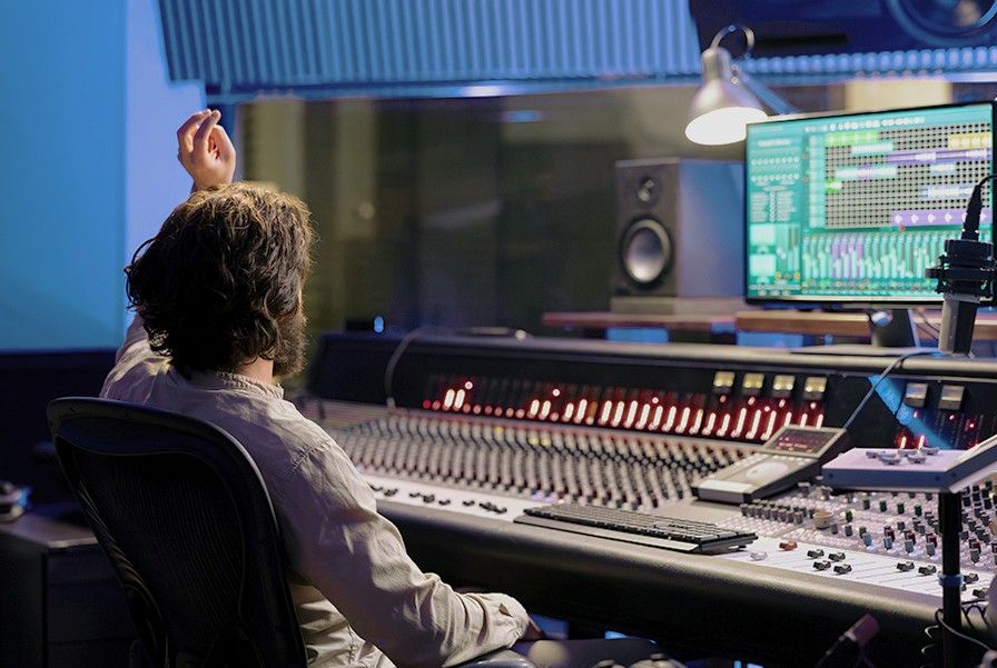 A person sits in a recording studio, facing a large audio mixing console, with one hand raised and a sound editing software visible on a monitor.