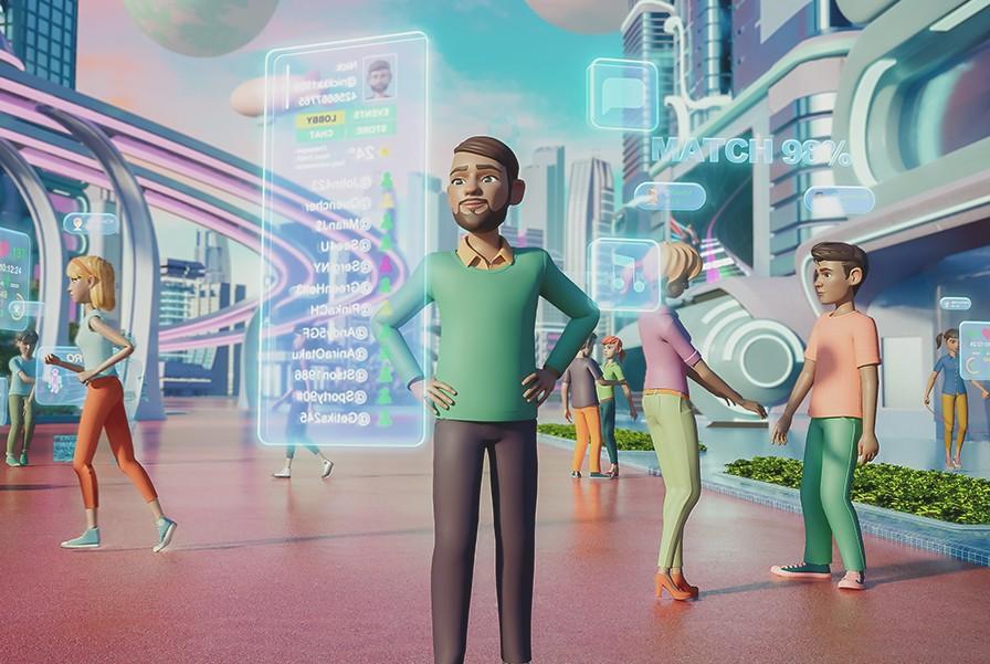 A 3D character with a green sweater views a floating holographic screen in a futuristic city setting.
